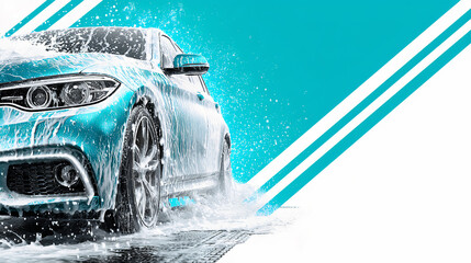 modern car wash banner with blue splashes and clean vehicle
