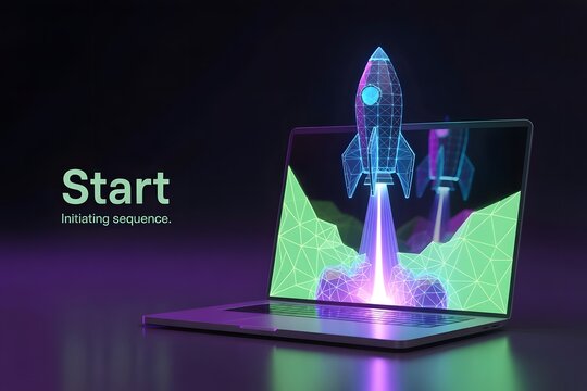 Futuristic rocket launching from laptop screen with digital network
