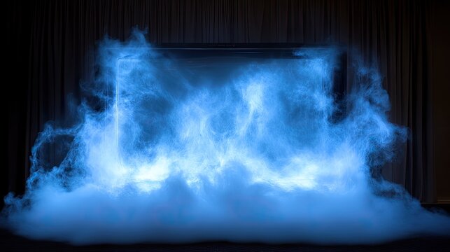 Blue smoke obscures a screen in a dark room