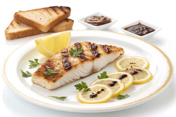 Grilled fish fillet with lemon slices and toasted bread