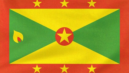 Fototapeta premium Grenada’s red-bordered flag with green-yellow triangles, central star, and nutmeg—symbolizing unity, heritage, and agricultural pride.