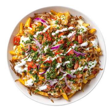 Golden fries beneath savory kapsalon topping PNG