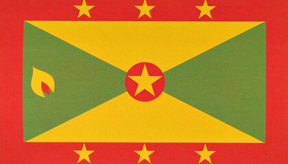Fototapeta premium Grenada’s flag with red border, green and yellow triangles, central star, and nutmeg symbol—representing unity, heritage, and agricultural identity.
