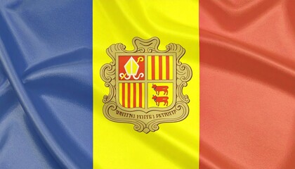 Andorra’s blue, yellow, and red tricolor flag with central coat of arms—featuring shield, miter, crosier, cows, and Latin motto—symbolizing unity, tradition, and sovereignty.