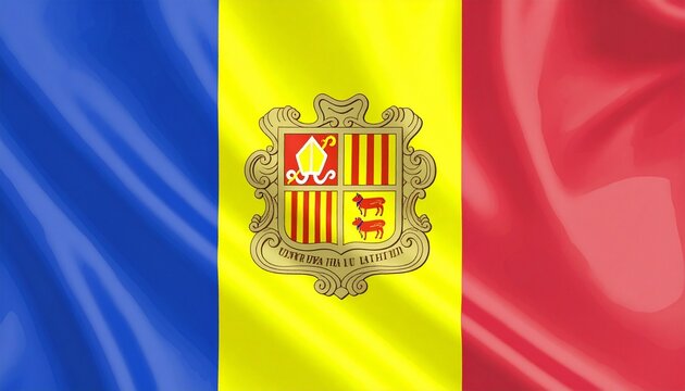 Andorra’s blue, yellow, and red tricolor flag with central coat of arms—featuring shield, miter, crosier, cows, and Latin motto—symbolizing unity, tradition, and sovereignty. - Powered by Adobe