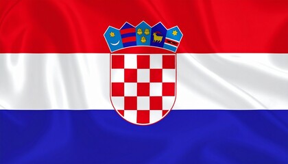 Fototapeta premium Croatia’s red, white, and blue tricolor flag with central checkerboard coat of arms and five regional shields—symbolizing unity, heritage, and national pride.