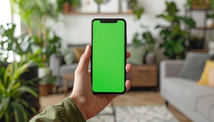 A hand holds a smartphone with a vibrant green screen. The background is a cozy living room with two sofas, lush green plants, and wooden shelves. Natural light fills the space