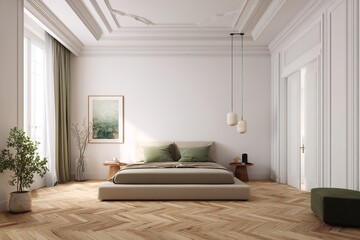 Contemporary bedroom with simple beige furniture, green decorative elements, white walls, and stylish pendant lighting, showcasing modern minimalist interior design