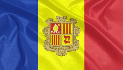 Andorra’s blue, yellow, and red tricolor flag with central coat of arms—featuring shield, miter, crosier, cows, and Latin motto—symbolizing unity, tradition, and sovereignty.