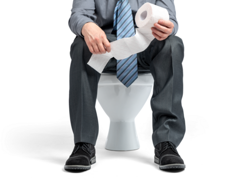 Office worker in tie and suit sitting on toilet while holding toilet paper roll, humorous corporate lifestyle metaphor, transparent background for creative design use.