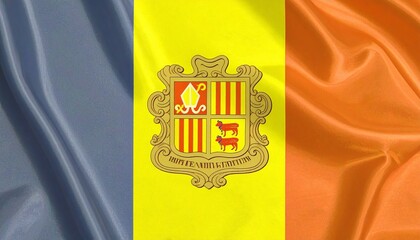 Andorra’s blue, yellow, and red tricolor flag with central coat of arms—featuring shield, miter, crosier, cows, and Latin motto—symbolizing unity, tradition, and sovereignty.