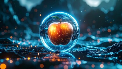 A digital image shows a glowing apple encased in a glowing sphere, set against a blurred, futuristic landscape with a water reflection. The scene includes bright bokeh effects