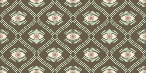 Seamless geometric pattern with playful eye motifs in green and brown tones, repeat pattern, eye shapes, fabric print, wrapping paper