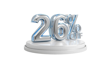 26% Off Sale Discount Promotion 3D Rendered Silver and Blue Numbers on White Pedestal