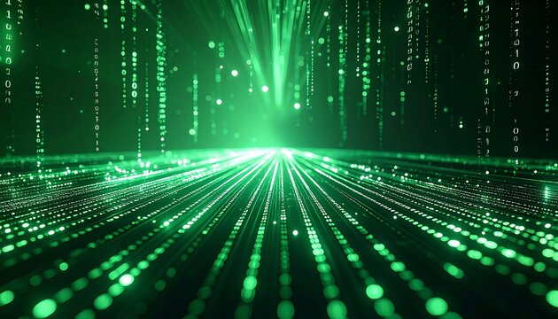 A digital landscape with flowing green light trails and falling binary code. 