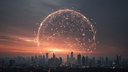 Global network over cityscape at sunset