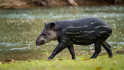 Fototapeta premium Striking South American Tapir Walking Near Water's Edge A Glimpse into the Unique Wildlife of the Amazon Rainforest and its Adaptation to Aquatic Environments