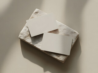 Minimalist mockup of two blank business cards resting on a textured stone slab with soft shadows and natural light, perfect for branding and design