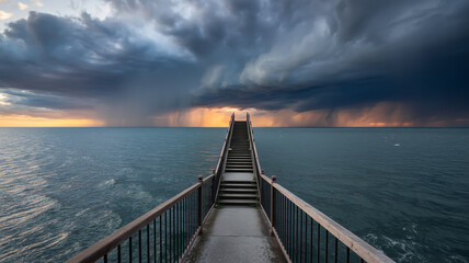 Fototapeta premium A pier stretches into the sea under a dramatic sky with storm clouds