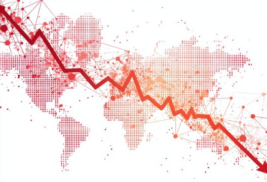Global economic downturn illustrated as a falling red line over a dotted world map