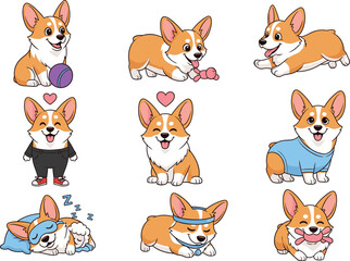 Cute cartoon corgi dog vector set in various poses, outfits, emotions, sleeping, playing, relaxing, perfect for pet-themed designs