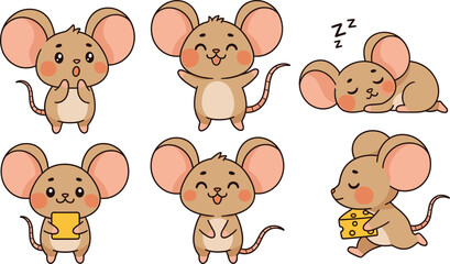 Cute Cartoon Mouse Character Vector in Multiple Poses with Cheese, Emotions, Sleep, Surprise, Happy Expressions, Animal Clipart Illustration
