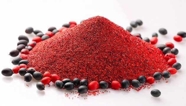 detailed view of bright red and black abrus precatorius seeds on white surface