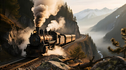 Fototapeta premium Vintage Train Traveling through a Mountain Pass