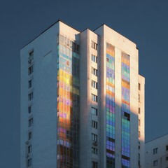 Fototapeta premium Modern apartment building, colorful windows, sunset light