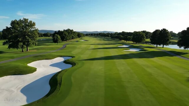Golf course view with green fairway sand bunkers trees and a distant mountain against a blue sky