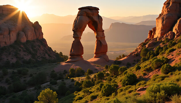 Iconic delicate arch rock formation bathed in golden sunset light in arches national park utah