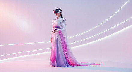 Woman in virtual reality glasses. Virtual reality. Generative AI