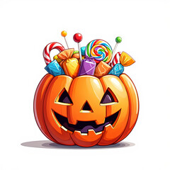 Оack-o’-lantern bucket brimming with colorful candies, lollipops, chocolates, and wrapped sweets, embodying festive Halloween cheer and treats. AI generated.
