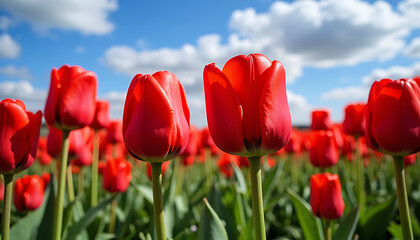 Vibrant red tulips bloom under a bright blue sky with fluffy clouds