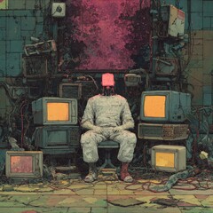 A figure in a white suit sits amid a cluttered, post-apocalyptic room, surrounded by vintage electronics.  Pink-hued light illuminates a central area