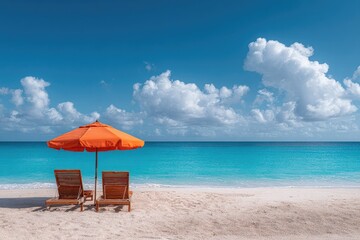 Tropical beach scene with orange umbrella and chairs (1)