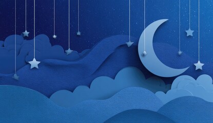 Night sky scene with paper clouds, crescent moon, and stars.  Paper craft style