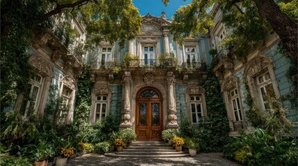 Fototapeta premium Ornate residential doorway under a clear blue sky