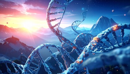Blue DNA double helix with glowing light effects.