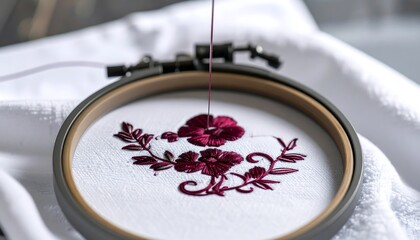 Embroidery in progress; close-up of maroon floral design