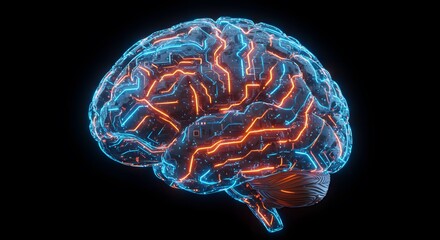 Brain illustration with glowing neuron network, represents cognitive function and intellect