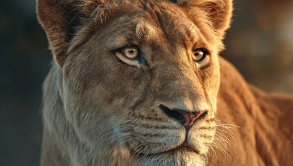 Fototapeta premium Close-up of a lioness, head and shoulders, golden light
