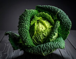 Close-up of a vibrant green savoy cabbage on a dark wooden surface