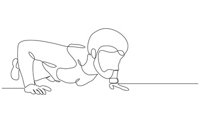 Continuous line of sporty man push up work out. Single line drawing editable stroke vector illustration of gym fitness and healthy life style