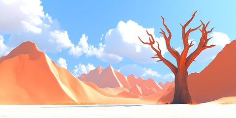 Stylized illustration of a solitary dead tree standing in a vast desert landscape under a bright blue sky with fluffy clouds