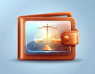 Brown leather wallet with a clear panel showing golden scales of justice