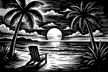 Engraved illustration of sunset over the ocean with palm trees and a beach chair