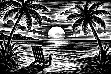 Beach Scene with Palm Trees, Chair, and Sunset in Black and White Engraving Style