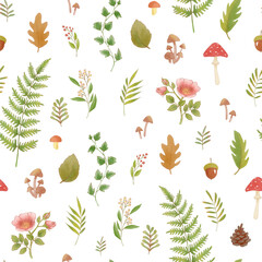  Hand drawn repeated pattern with watercolor twigs and plants, forest flora, floral elements, wood leaves, mushrooms, flowers. Forest pattern for wallpaper, textile, wrapping paper.