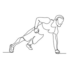 Continuous line of sporty man push up work out. Single line drawing editable stroke vector illustration of gym fitness and healthy life style